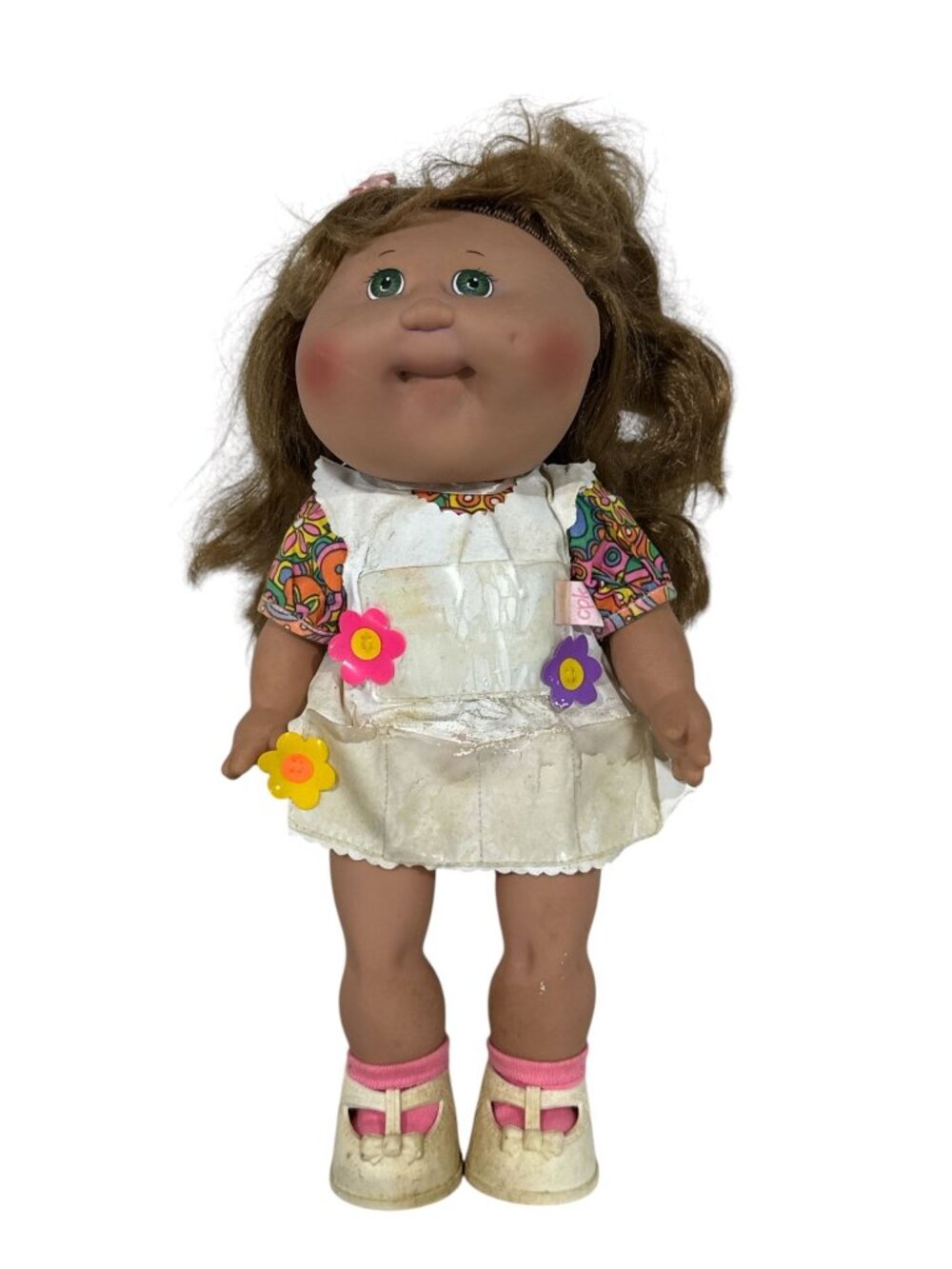 Cabbage Patch Kids Doll 1980s Vintage With Brown Hair Green Eyes & Floral Outfit